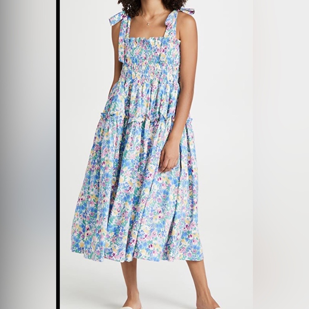 En Saison Anthro Smocked Midi Blue Floral Toe Strap Dress XS